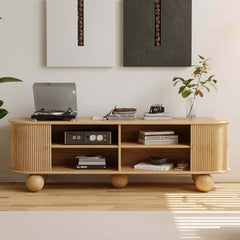 Modern Ash Wood Oval Coffee Table with Tambour Doors