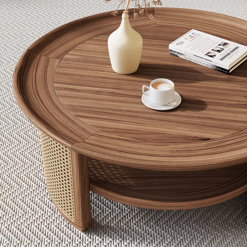 Modern Ash Wood Round Coffee Table With Shelves