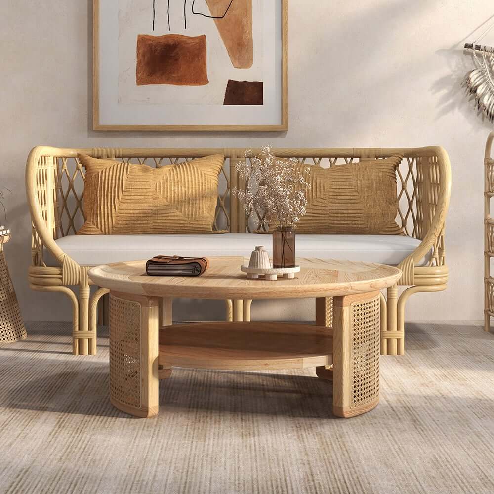 Modern Ash Wood Round Coffee Table With Shelves