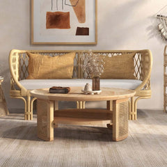 Modern Ash Wood Round Coffee Table With Shelves