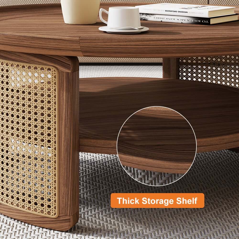 Modern Ash Wood Round Coffee Table With Shelves