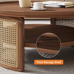 Modern Ash Wood Round Coffee Table With Shelves