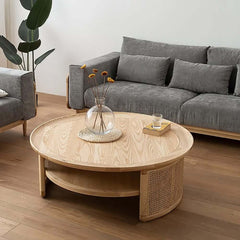 Modern Ash Wood Round Coffee Table With Shelves