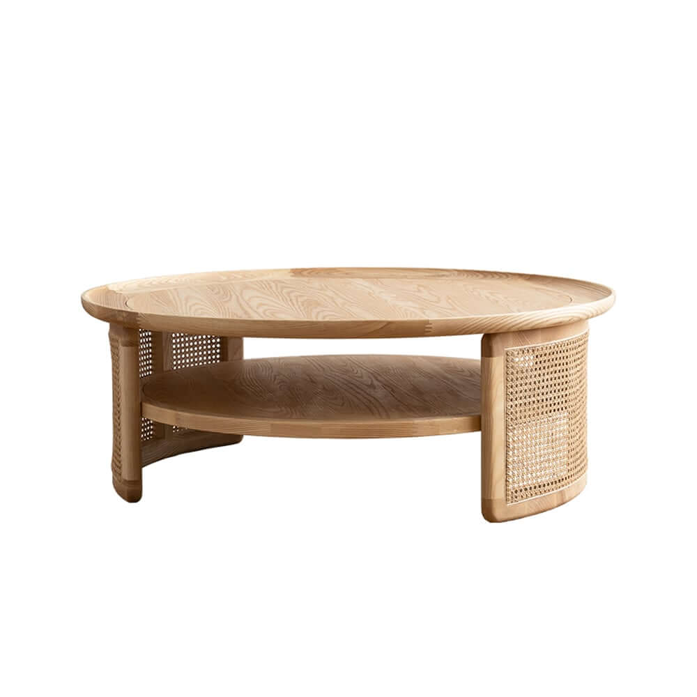 Modern Ash Wood Round Coffee Table With Shelves