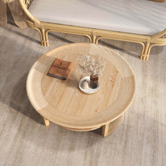 Modern Ash Wood Round Coffee Table With Shelves