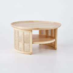 Modern Ash Wood Round Coffee Table With Shelves