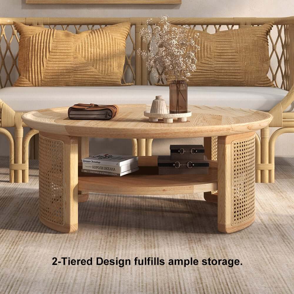 Modern Ash Wood Round Coffee Table With Shelves