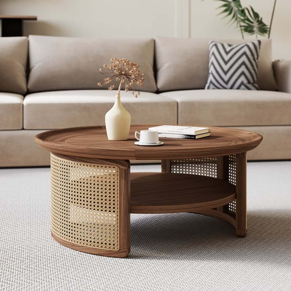 Modern Ash Wood Round Coffee Table With Shelves