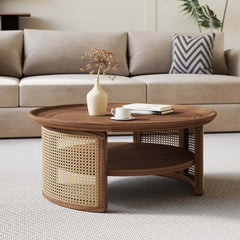 Modern Ash Wood Round Coffee Table With Shelves