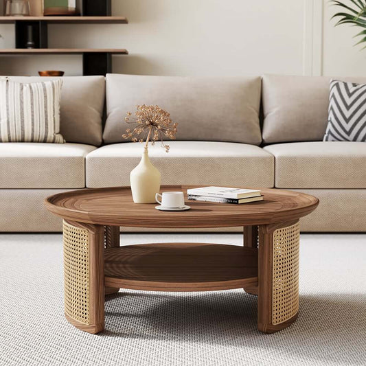 Modern Ash Wood Round Coffee Table With Shelves