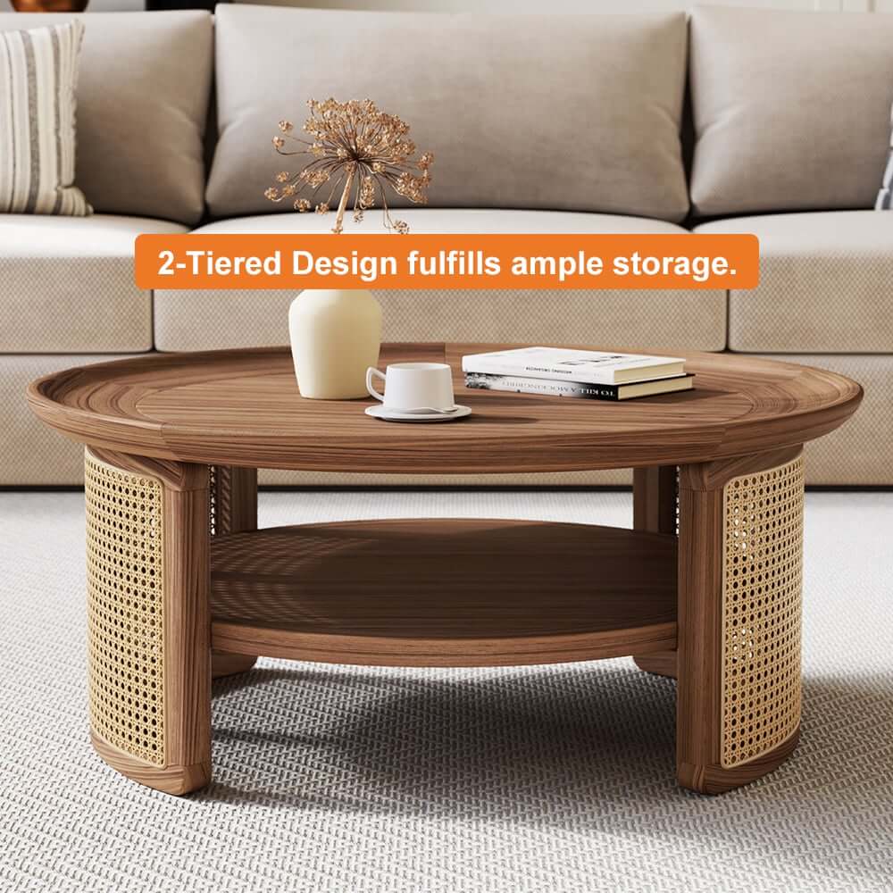 Modern Ash Wood Round Coffee Table With Shelves