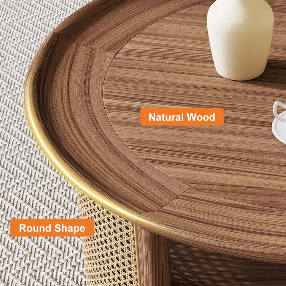 Modern Ash Wood Round Coffee Table With Shelves