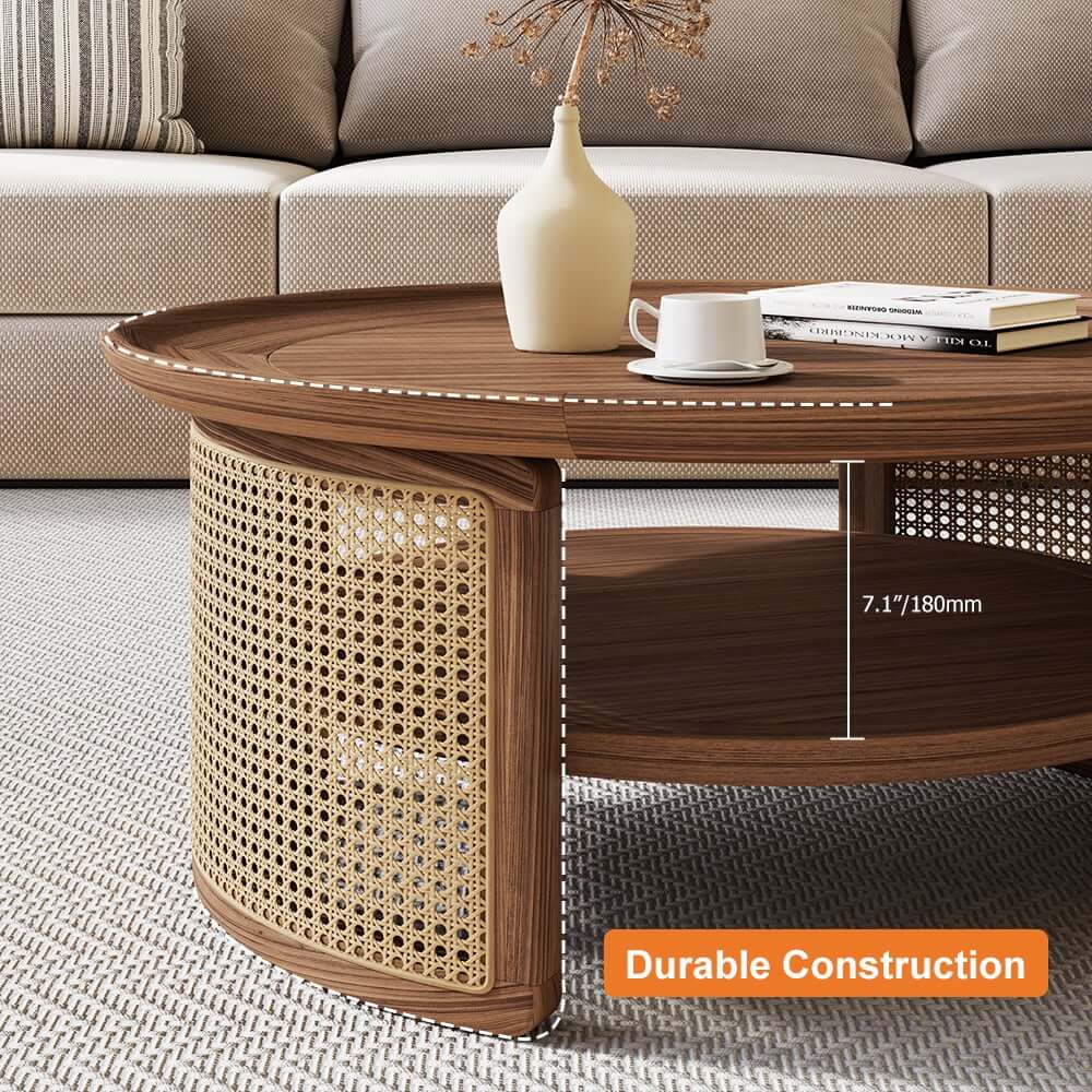 Modern Ash Wood Round Coffee Table With Shelves