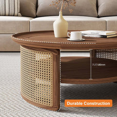 Modern Ash Wood Round Coffee Table With Shelves