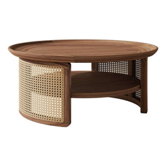 Modern Ash Wood Round Coffee Table With Shelves