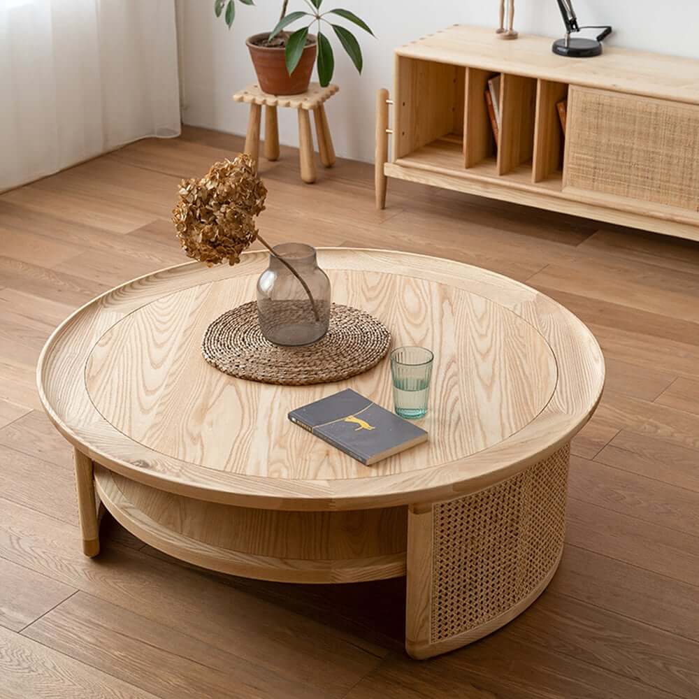 Modern Ash Wood Round Coffee Table With Shelves