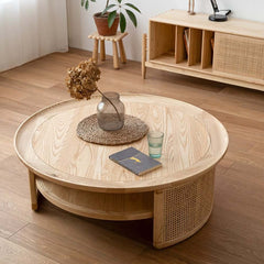 Modern Ash Wood Round Coffee Table With Shelves