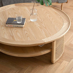 Modern Ash Wood Round Coffee Table With Shelves