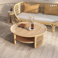 Modern Ash Wood Round Coffee Table With Shelves