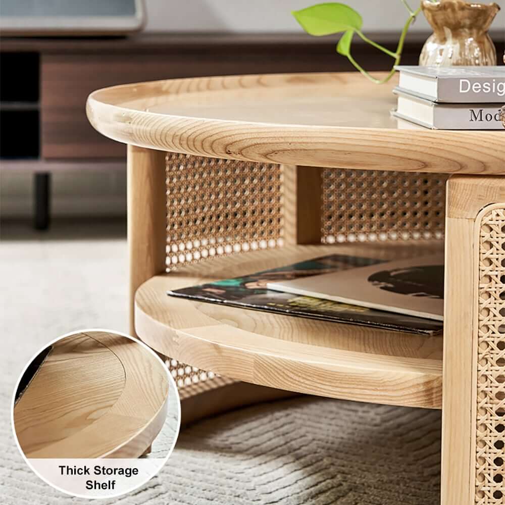 Modern Ash Wood Round Coffee Table With Shelves