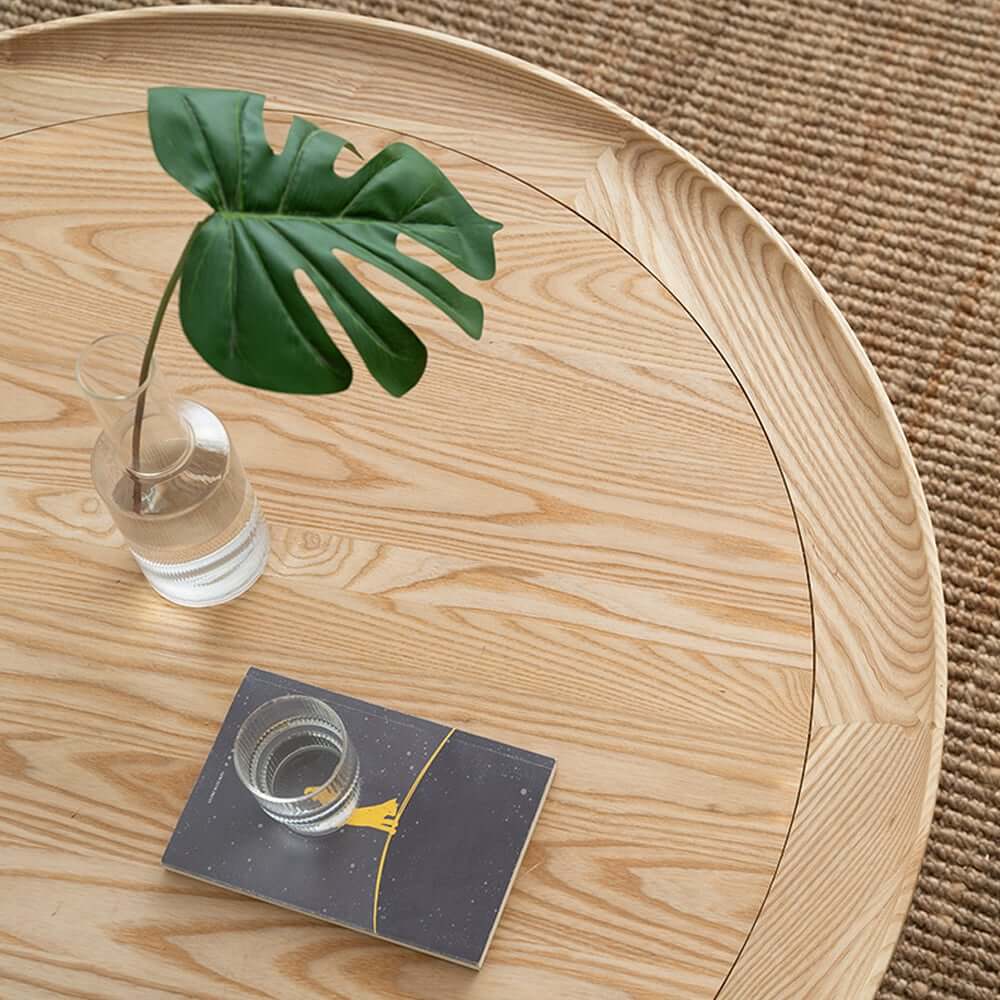 Modern Ash Wood Round Coffee Table With Shelves