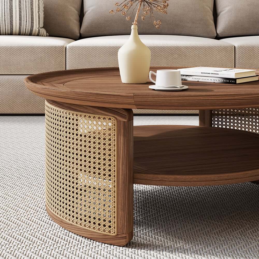 Modern Ash Wood Round Coffee Table With Shelves