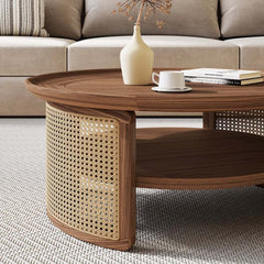 Modern Ash Wood Round Coffee Table With Shelves
