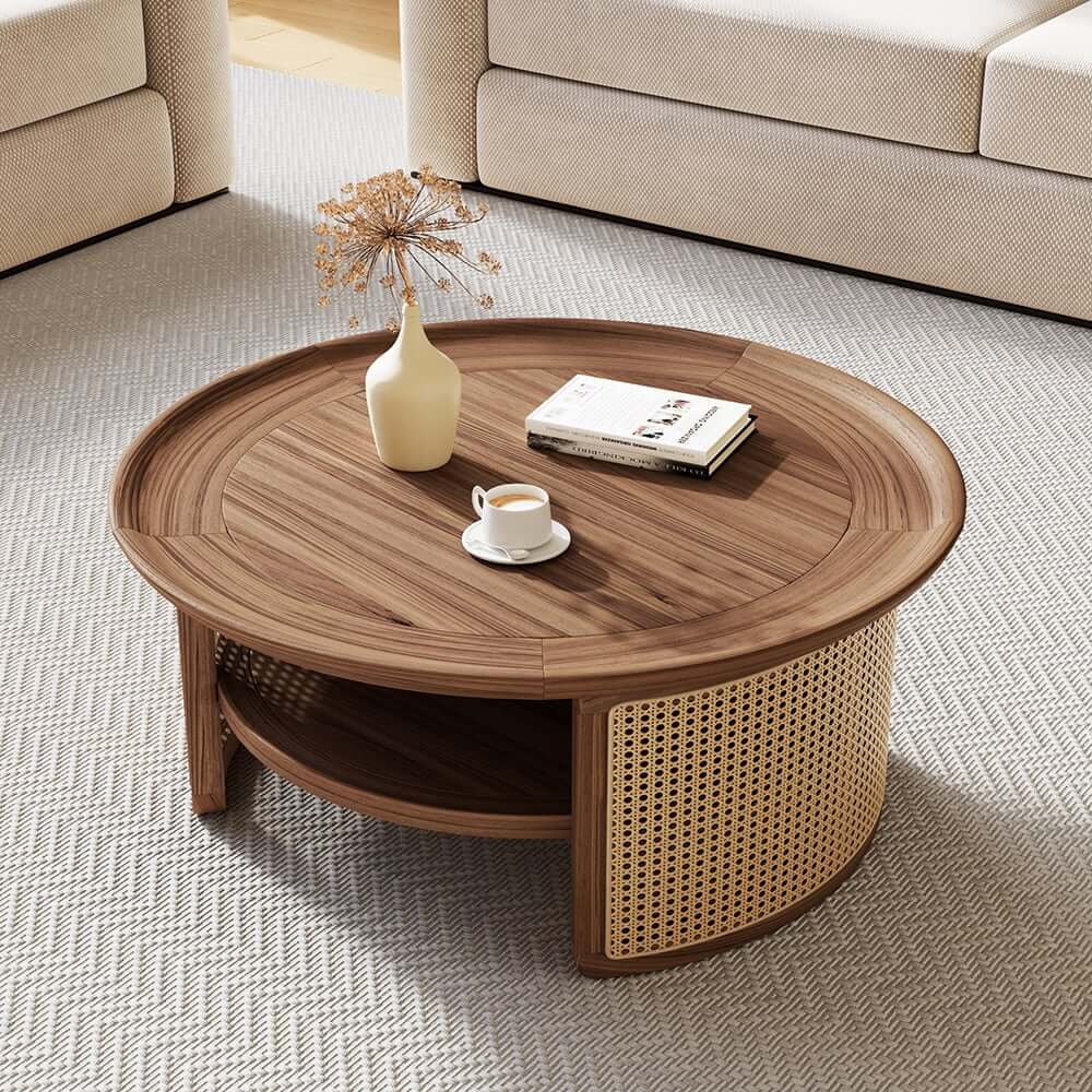 Modern Ash Wood Round Coffee Table With Shelves Main Product Image