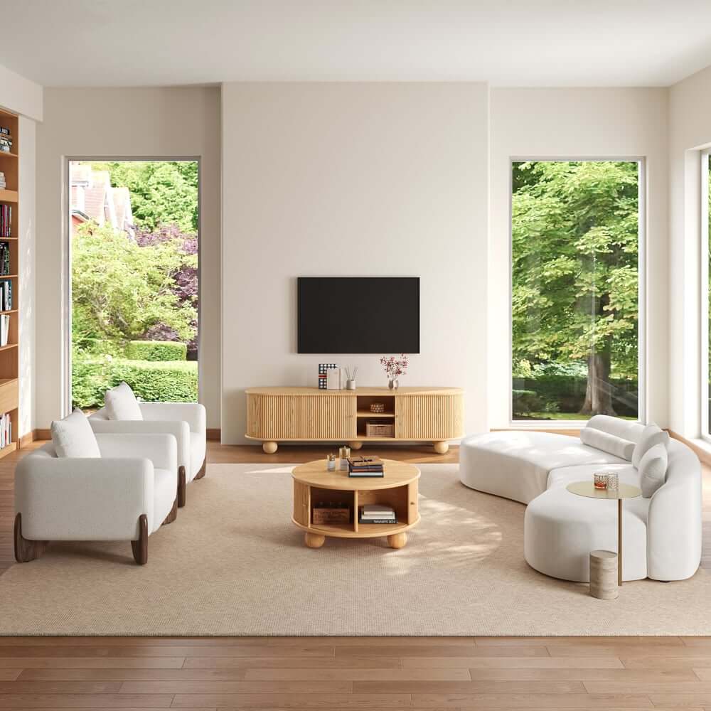 Modern Ash Wood Round Coffee Table With Storage Shelf