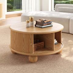 Modern Ash Wood Round Coffee Table With Storage Shelf