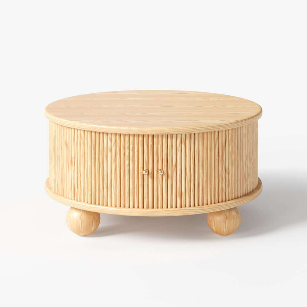 Modern Ash Wood Round Coffee Table With Storage Shelf
