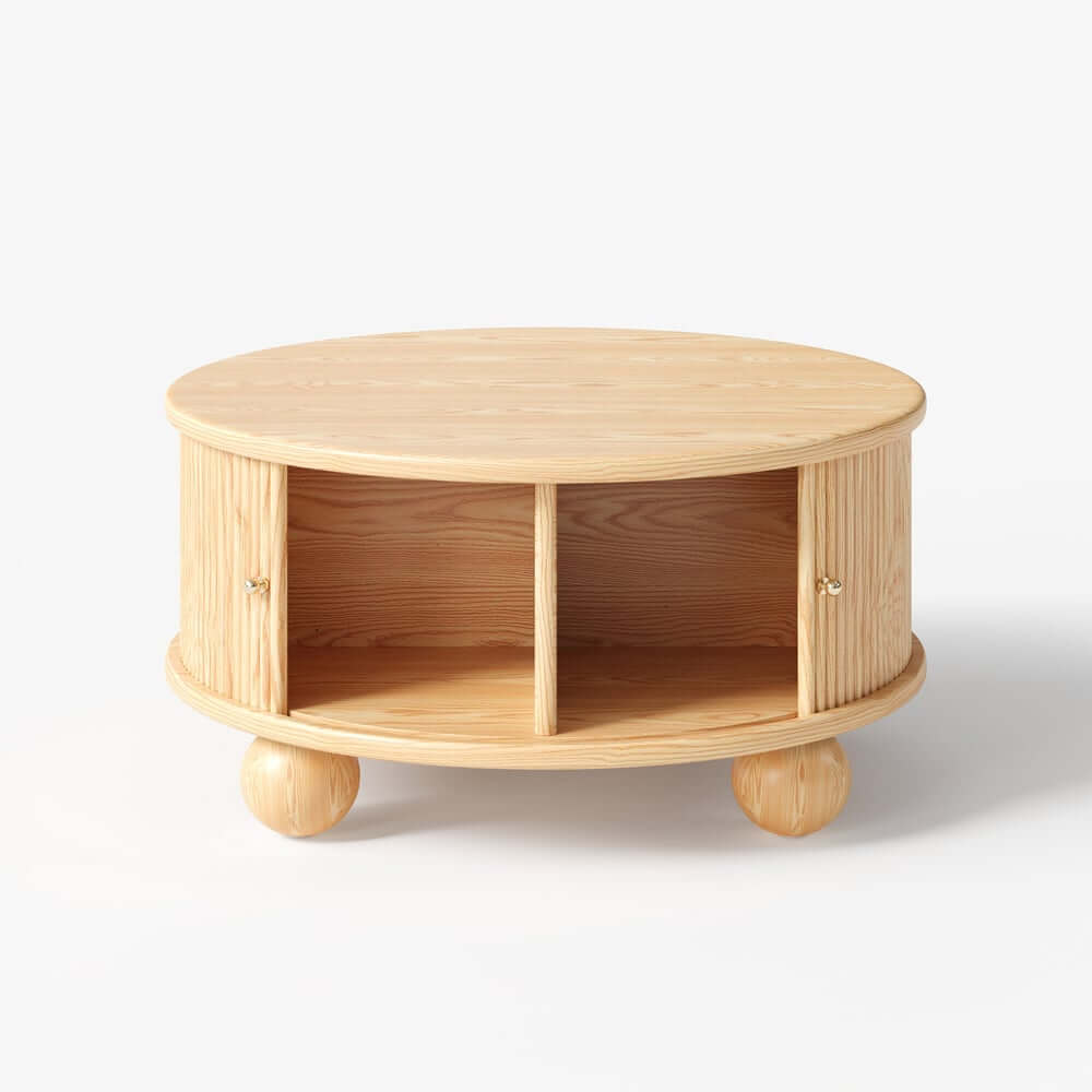 Modern Ash Wood Round Coffee Table With Storage Shelf