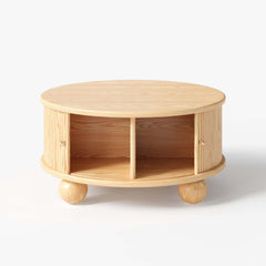 Modern Ash Wood Round Coffee Table With Storage Shelf