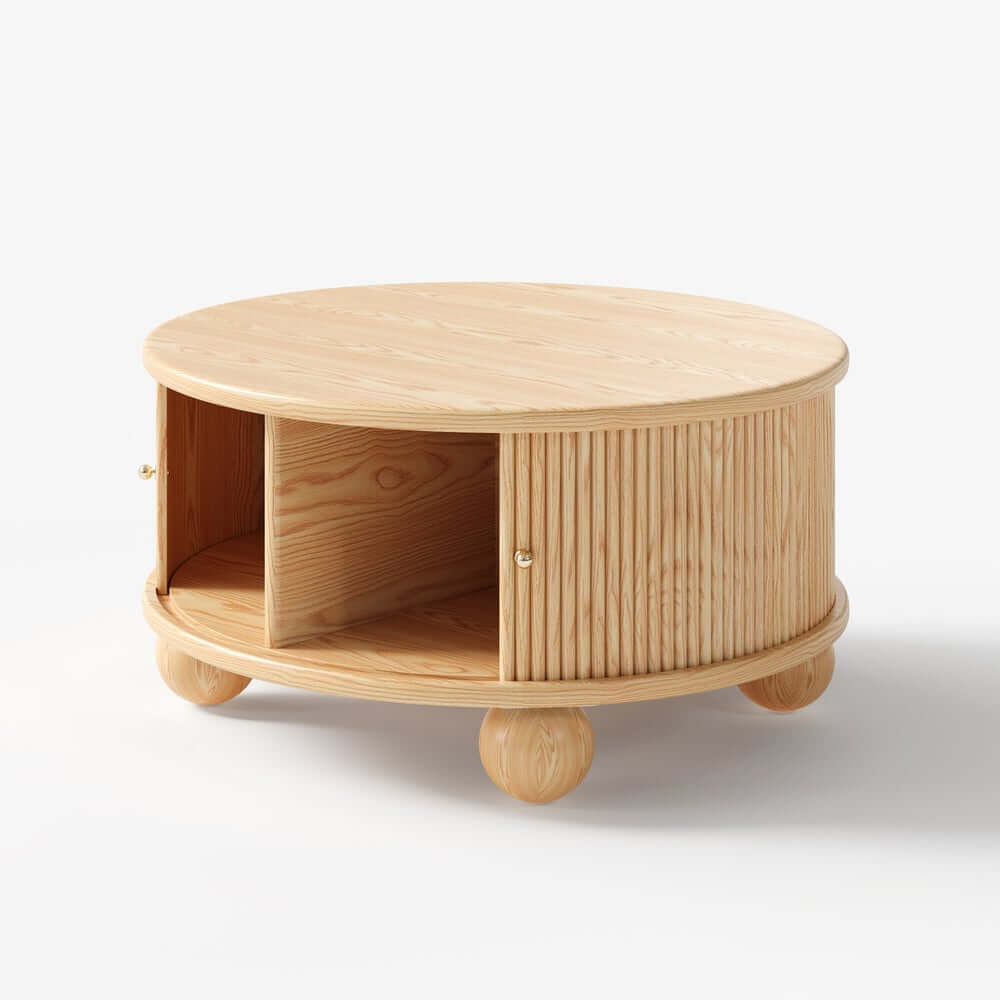 Modern Ash Wood Round Coffee Table With Storage Shelf