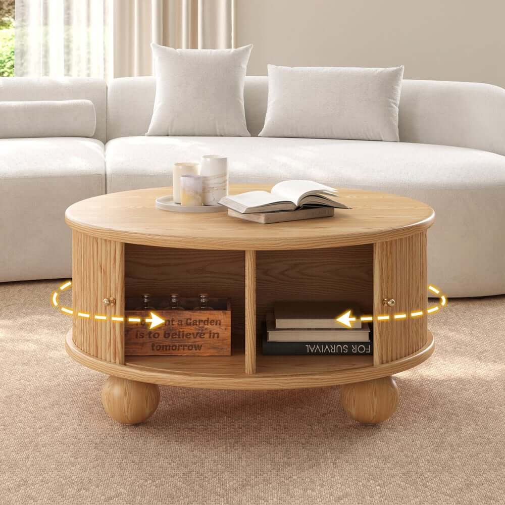 Modern Ash Wood Round Coffee Table With Storage Shelf