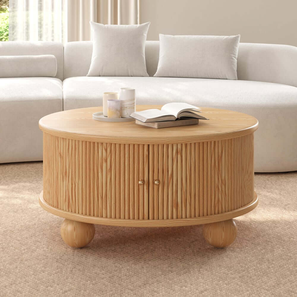 Modern Ash Wood Round Coffee Table With Storage Shelf