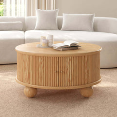 Modern Ash Wood Round Coffee Table With Storage Shelf