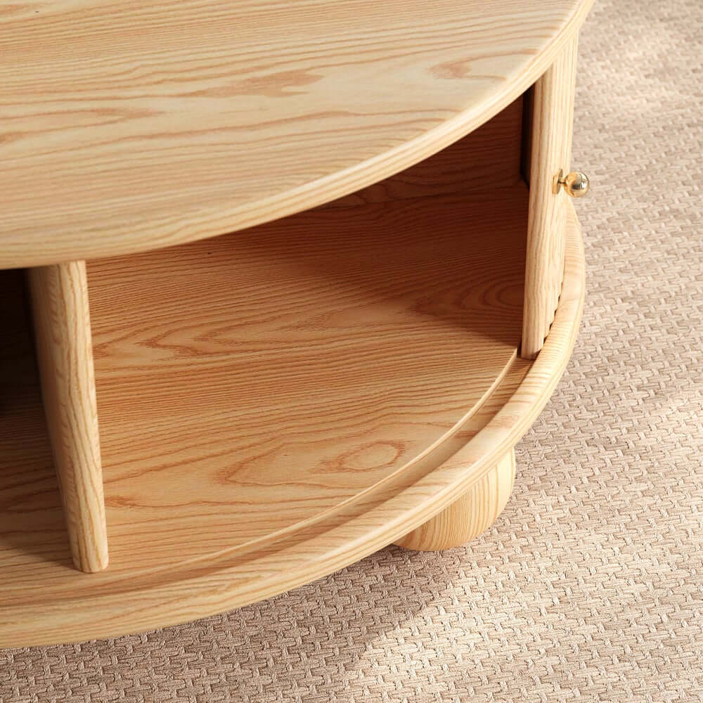 Modern Ash Wood Round Coffee Table With Storage Shelf