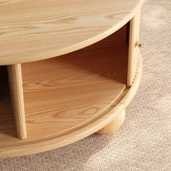 Modern Ash Wood Round Coffee Table With Storage Shelf