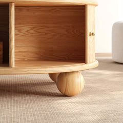 Modern Ash Wood Round Coffee Table With Storage Shelf
