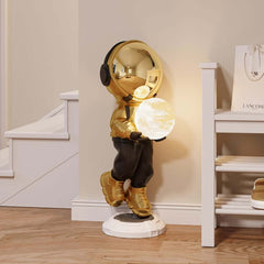 Modern Astronaut Sculpture with Moon Globe Light, PVC Resin Figure