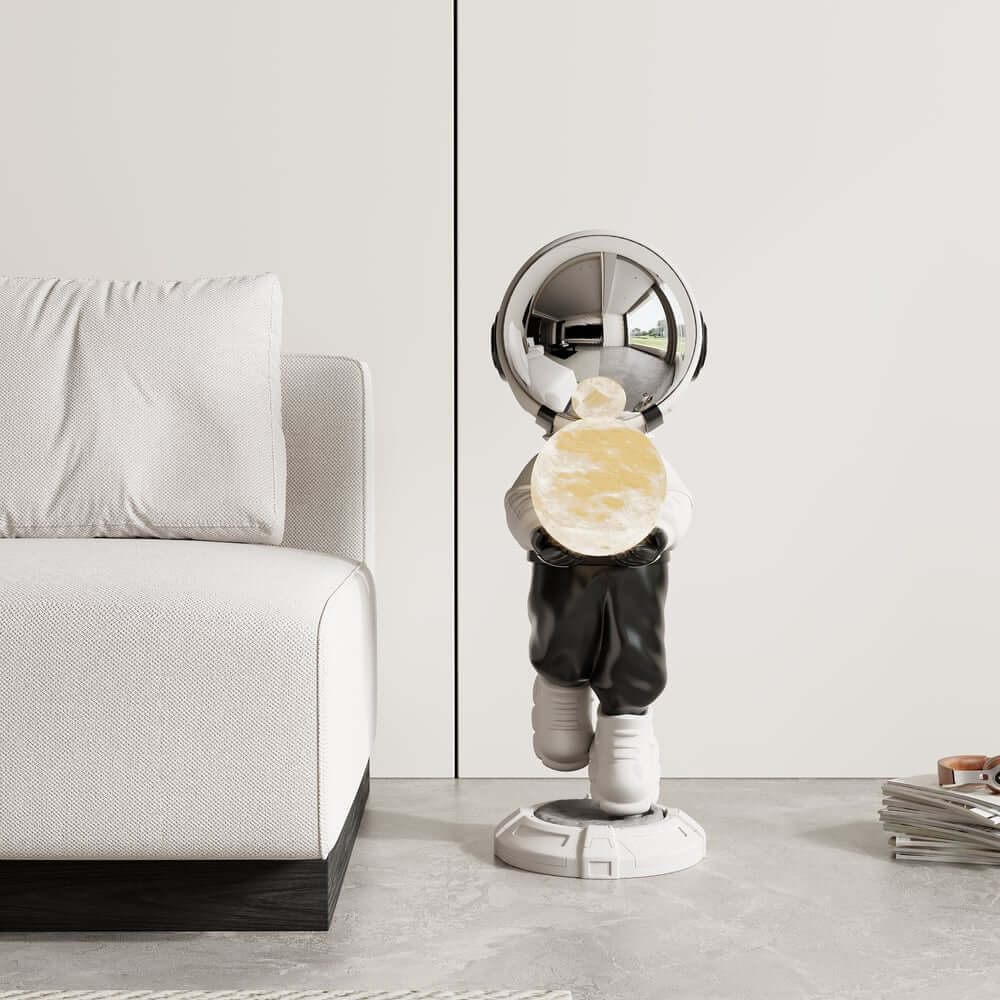 Modern Astronaut Sculpture with Moon Globe Light, PVC Resin Figure
