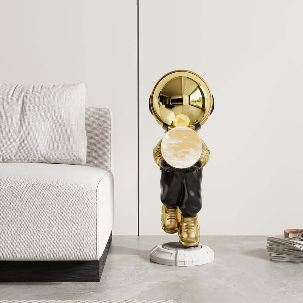 Modern Astronaut Sculpture with Moon Globe Light, PVC Resin Figure