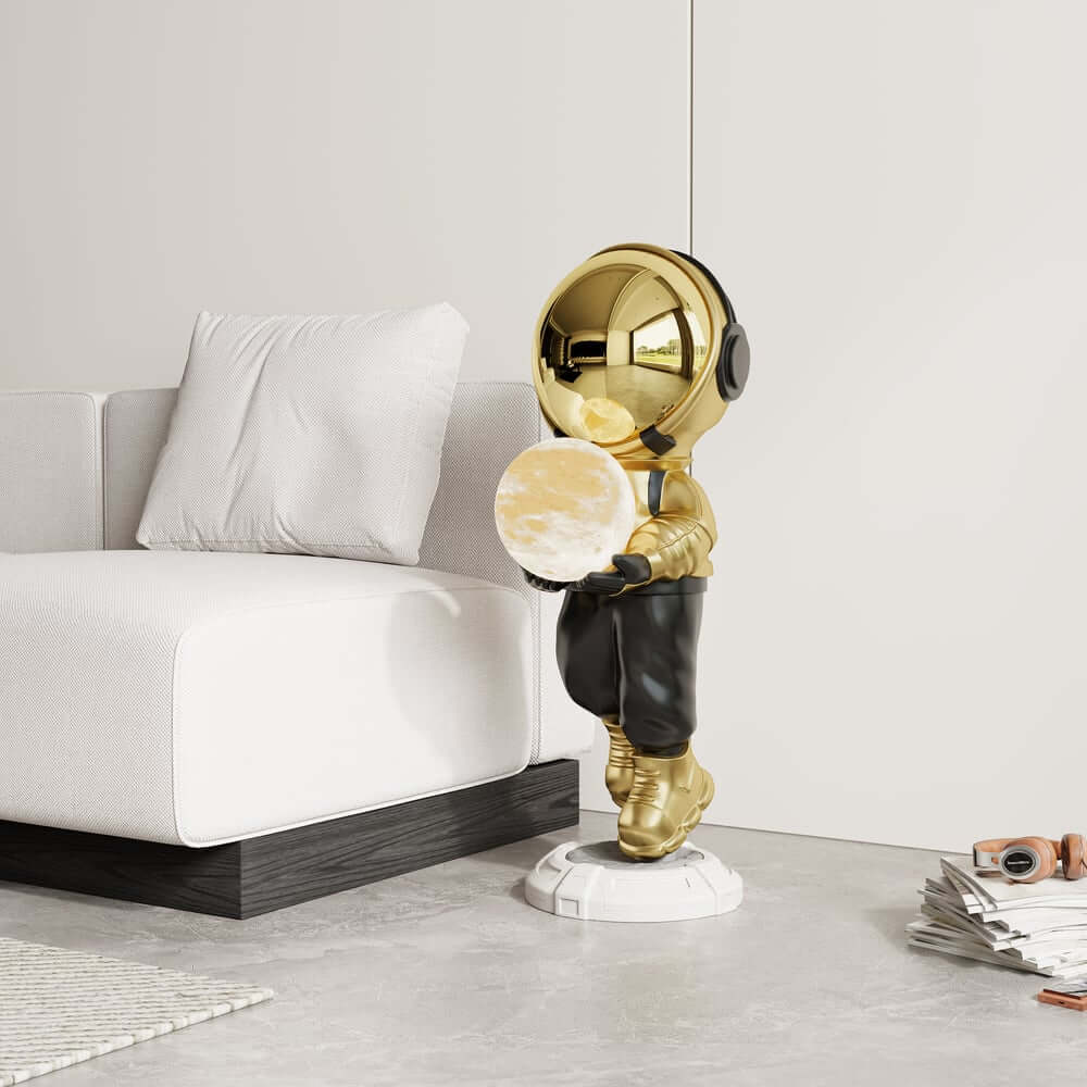 Modern Astronaut Sculpture with Moon Globe Light, PVC Resin Figure
