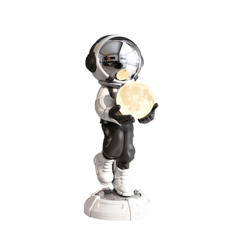 Modern Astronaut Sculpture with Moon Globe Light, PVC Resin Figure