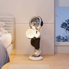 Modern Astronaut Sculpture with Moon Globe Light, PVC Resin Figure
