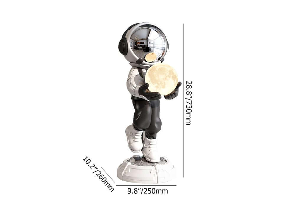 Modern Astronaut Sculpture with Moon Globe Light, PVC Resin Figure Dimensions