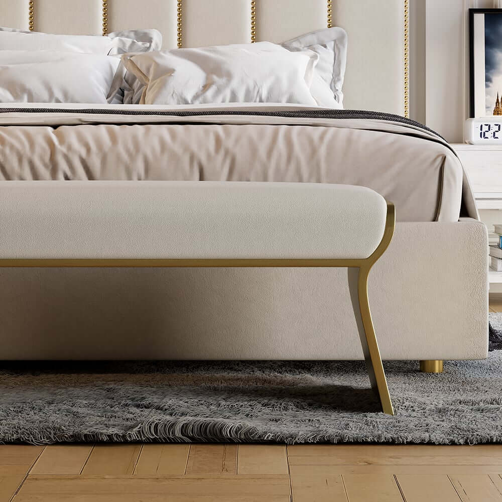 Modern Beige Bedroom Bench with Gold Stainless Steel Legs