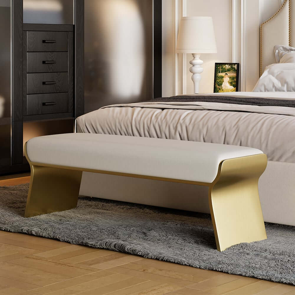 Modern Beige Bedroom Bench with Gold Stainless Steel Legs Main Product Image