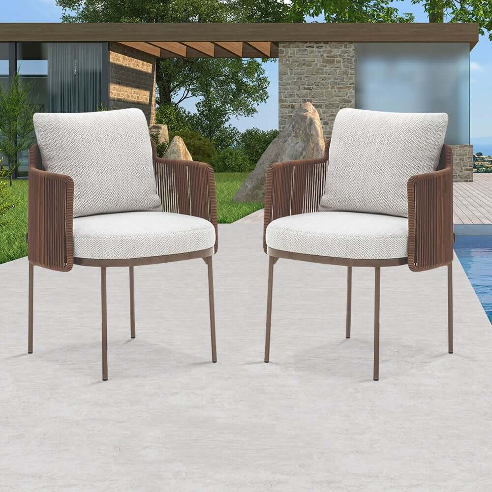 Modern Beige & Brown Rattan Arm Chair Set for Outdoor Dining